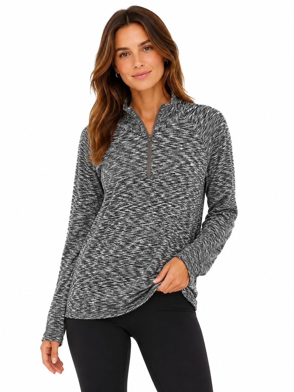WOMEN’S BLACK & WHITE Space-Dye Quarter-Zip Pullover